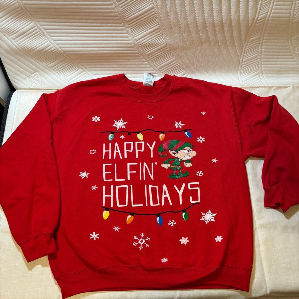 Gildan L Happy Elfin Holidays Christmas Sweatshirt Elf Ugly Holiday Red